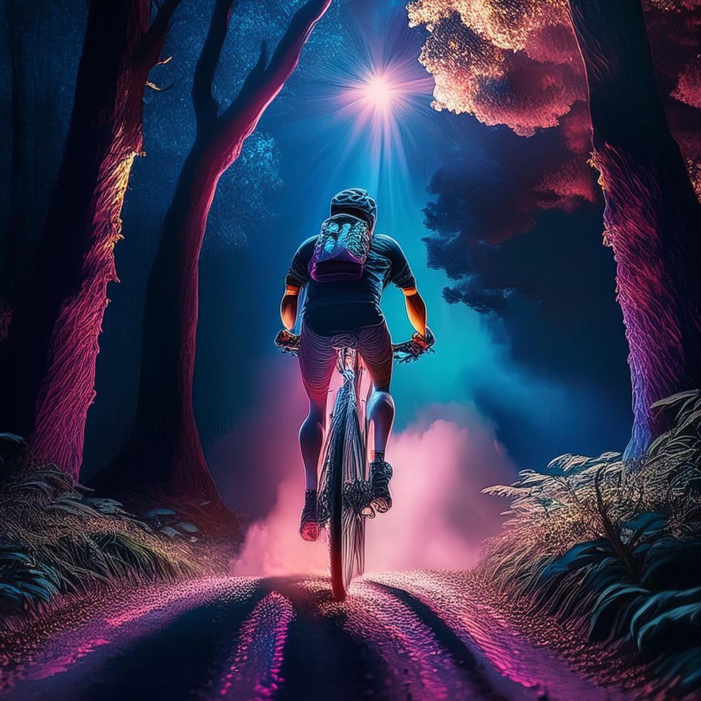 ciclista che pedale di notte nel bosco